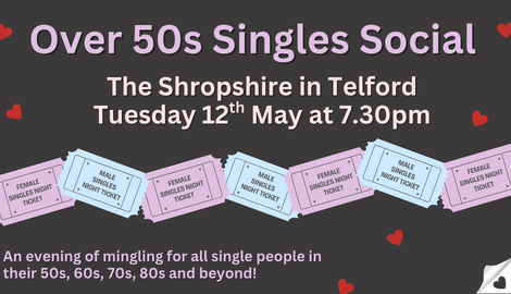 Singles event in Telford for 50s, 60s, 70, 80s, 90s